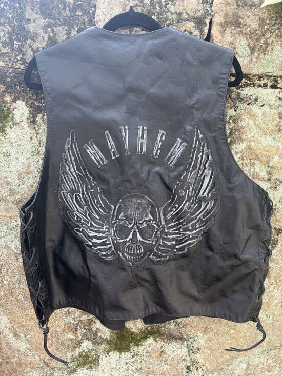 Xelement Other - Vintage Xelement Motorcycle Leather Vest Black XL Mayhem Skull Wings Side Laces